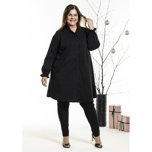 Gozzip Bluse V-Ausschnitt Rüschen Black Edition mit Steinchen 42 44 46 48 50 52 54 56
