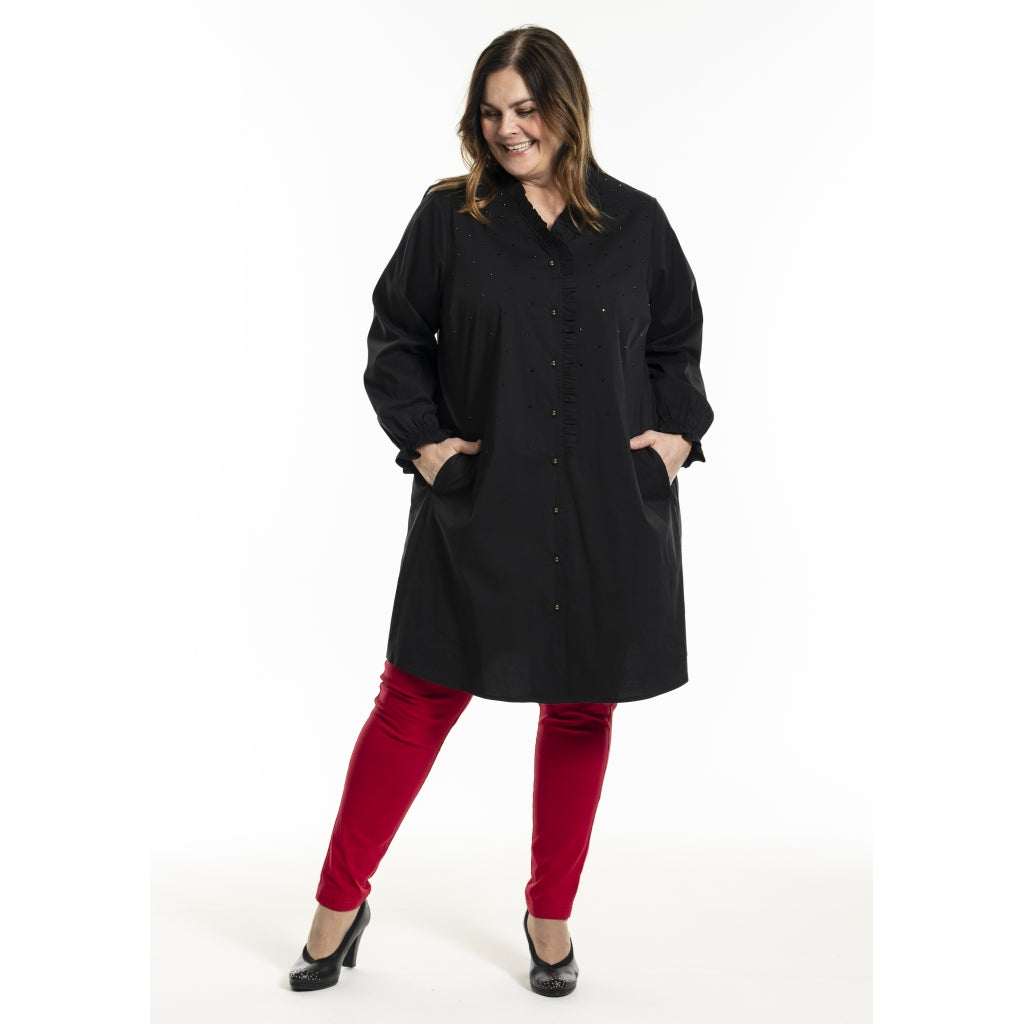 Gozzip Bluse V-Ausschnitt Rüschen Black Edition mit Steinchen 42 - 56