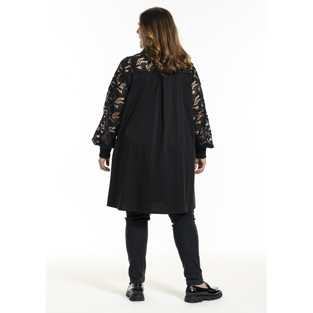 Gozzip Long Hemdbluse Tunika schwarz mit Spitze 42 - 56