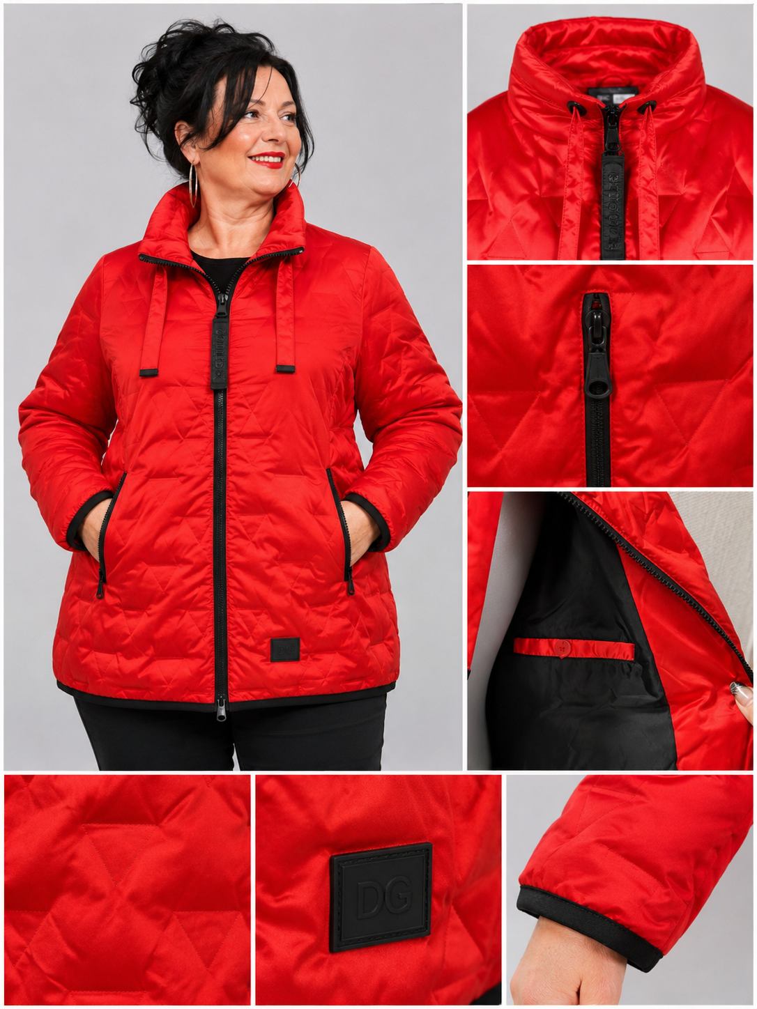Stehkragen, Reißverschlusstasche, Innentasche, Dreiecksteppung und DG-Aufnäher der roten Steppjacke, Detailansicht