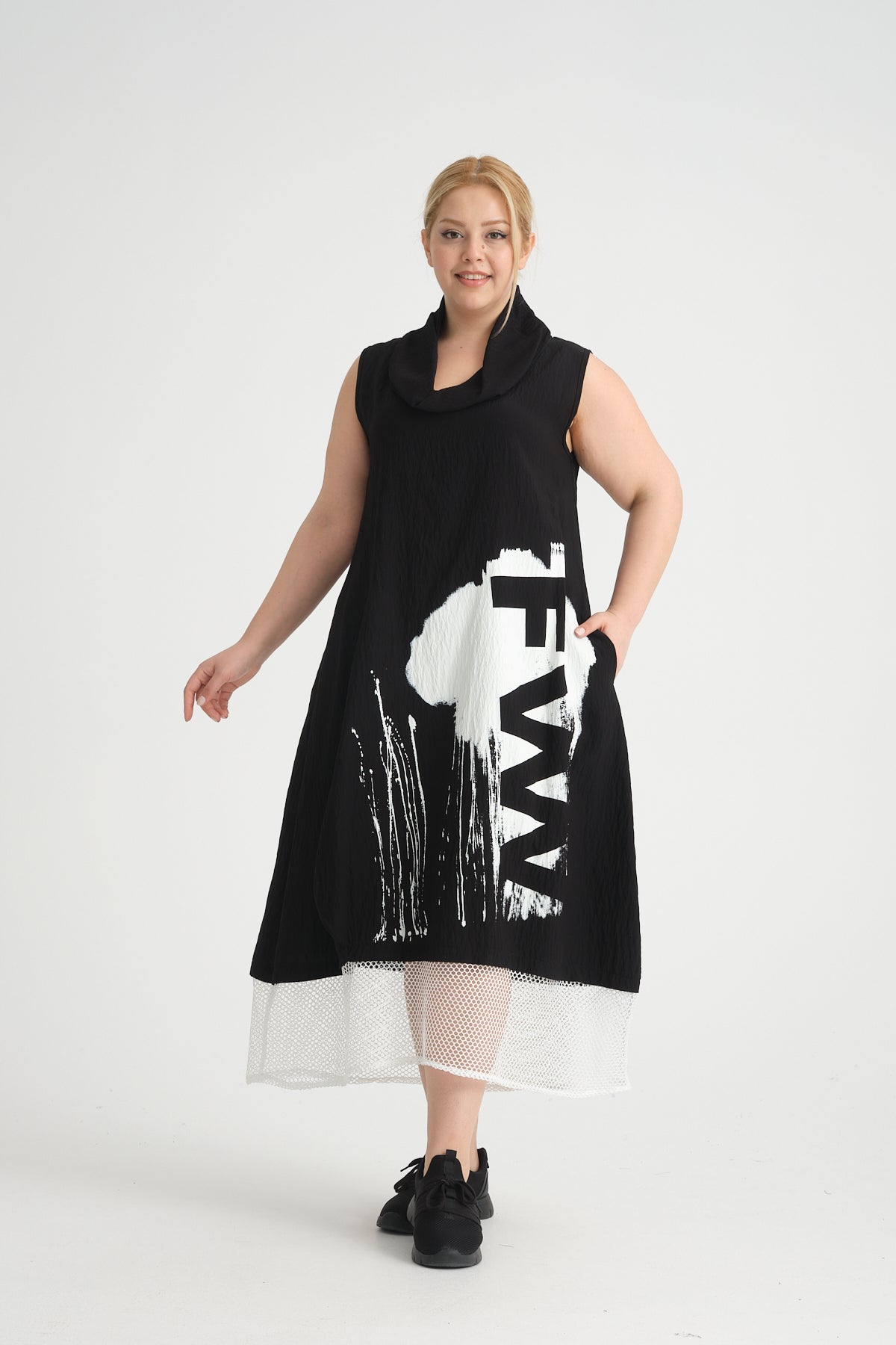 Zedd Plus Kleid Schwarz und Weiß gemustert Netz am Saum 42 44 46 48 50 52 54 56 58 60 62