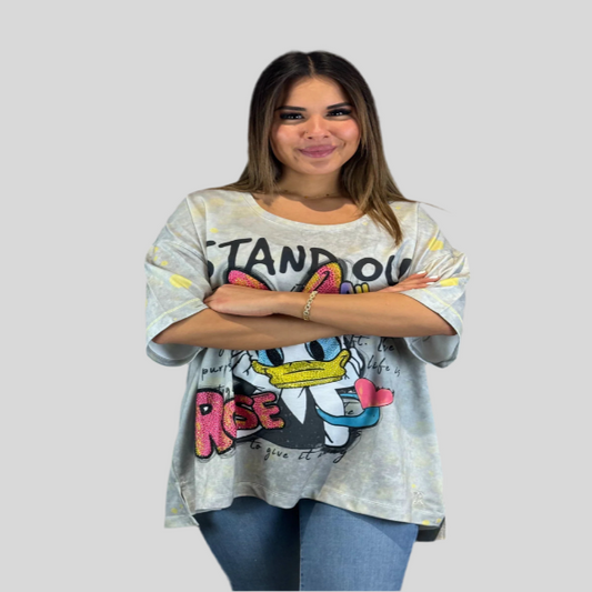 Oversize Onesize Damen T-Shirt mit Glitzer & Comic-Entenmotiv – Rose Fashion 40 42 44 46 48 50