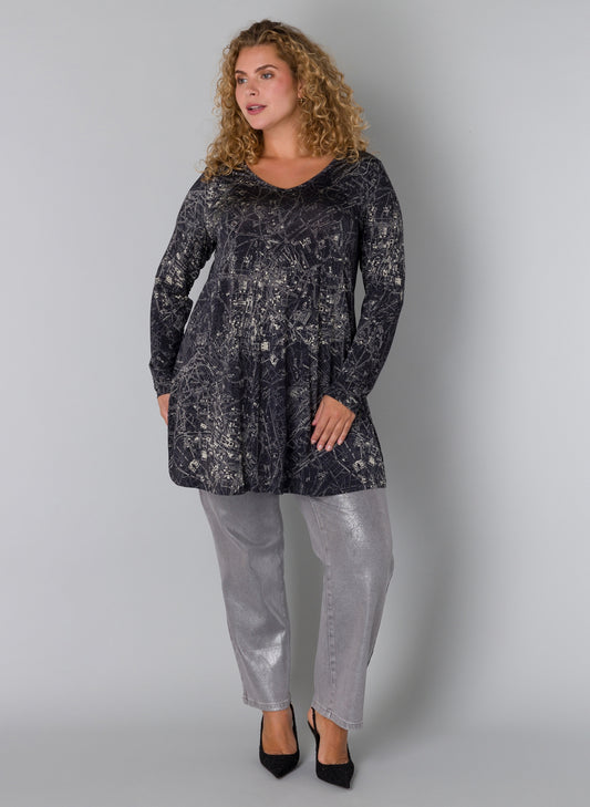 Yesta Shirt A-Form schwarz seidig gemustert V-Ausschnitt 52 54 56 58 60