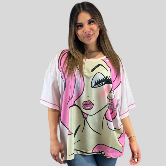 Onesize Oversize Damen-Shirt mit Glitzer-Print & Paris-Rückendruck – Rose Fashion40 42 44 46 48 50