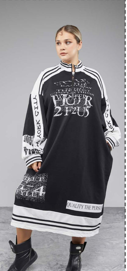 H4 Kleid College Style schwarz weiß oversize Look Einheitsgrösse  48 50 52 54 56 58 60