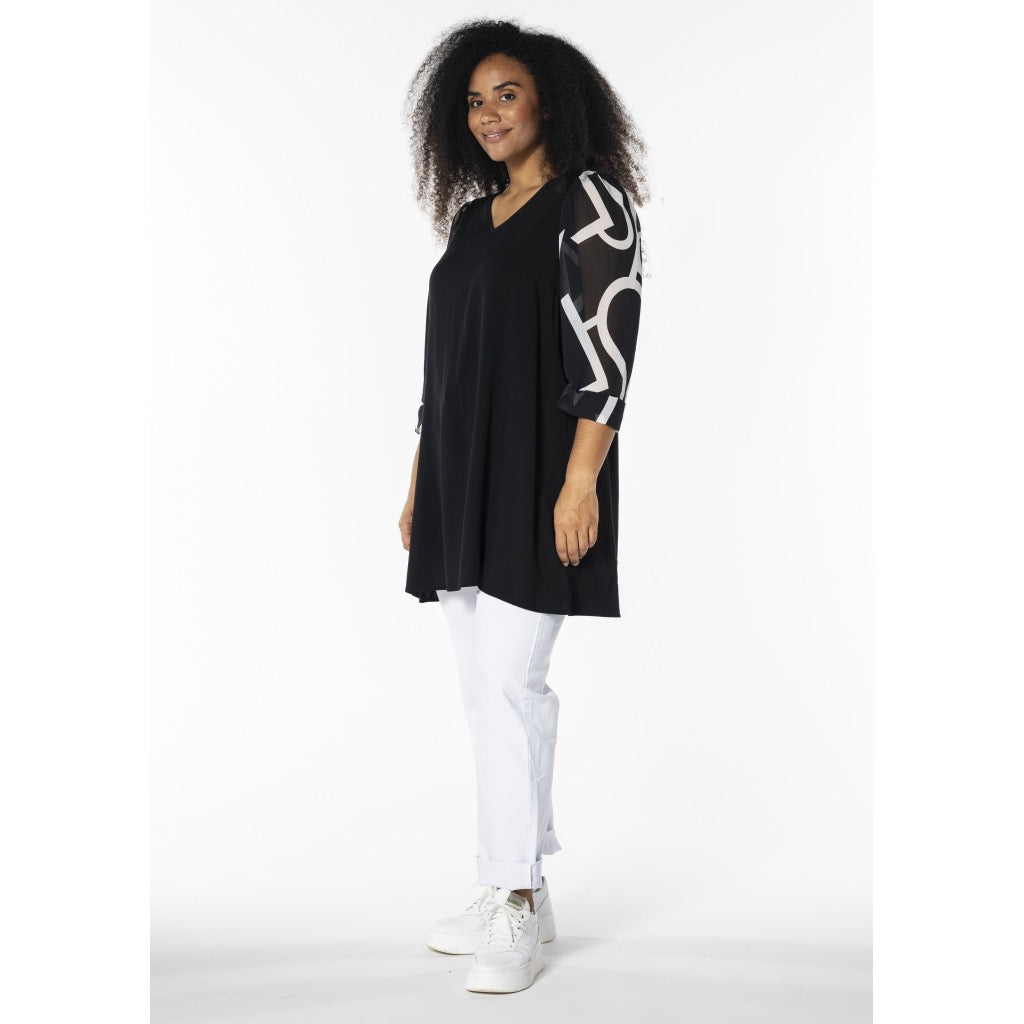 Studio Tunika Shirt schwarz mit Chiffonärmel 42 44 46 48 50 52 54 56