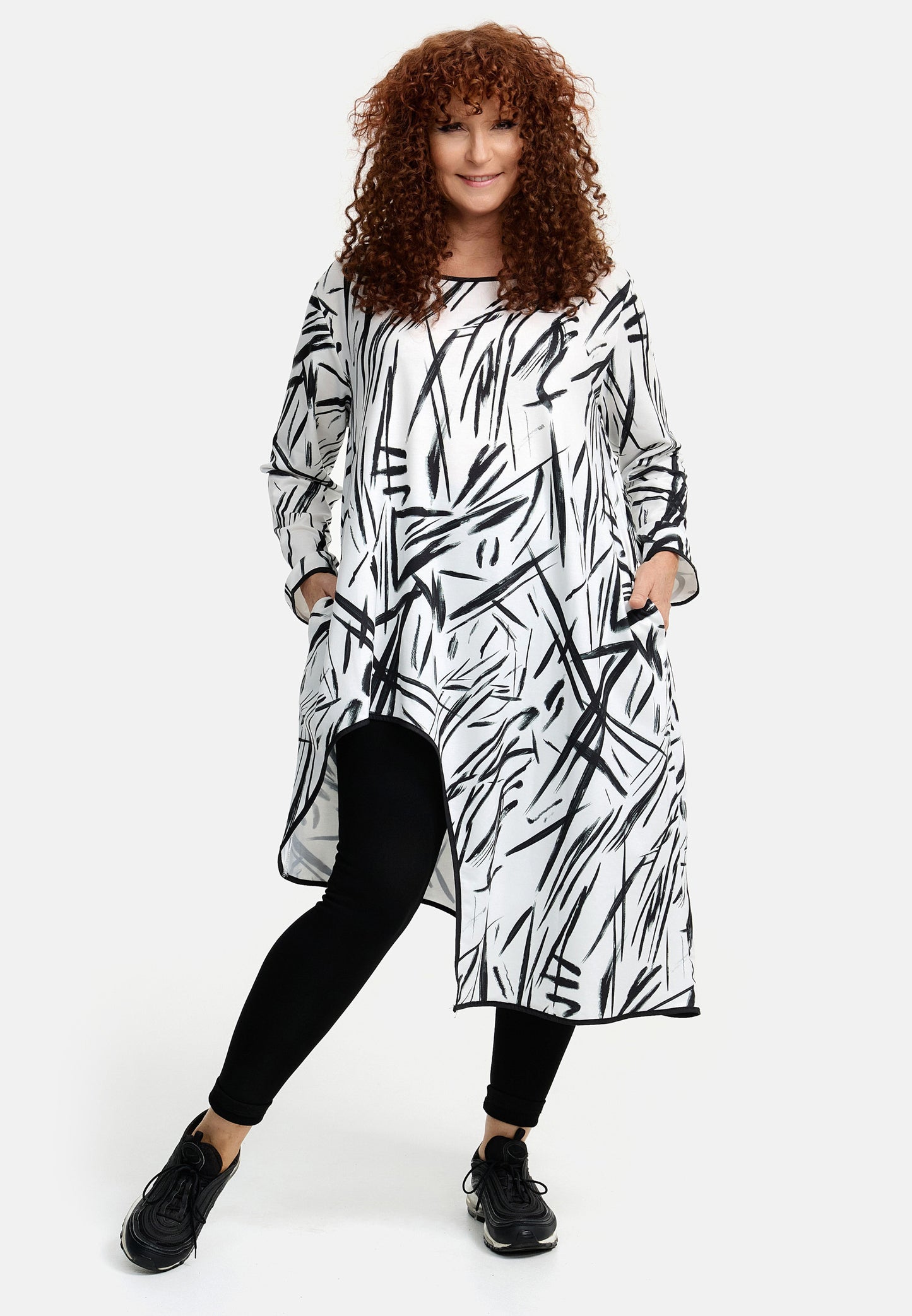 DYB Long Shirt A-Linie asymetrisch Weiß Print Schwarz 40 42 44 46 48 50 52 54 56