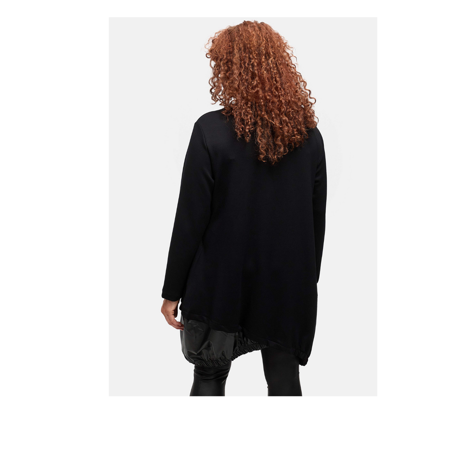 DYB Tunika Schwarz mit Kunstleder-Einsatz & Glanzprint – Asymmetrischer Saum, Plus Size 42 44 46 48 50 52 54 56