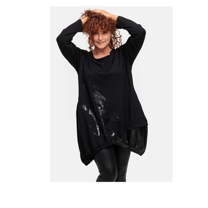 DYB Tunika Schwarz mit Kunstleder-Einsatz & Glanzprint – Asymmetrischer Saum, Plus Size 42 44 46 48 50 52 54 56