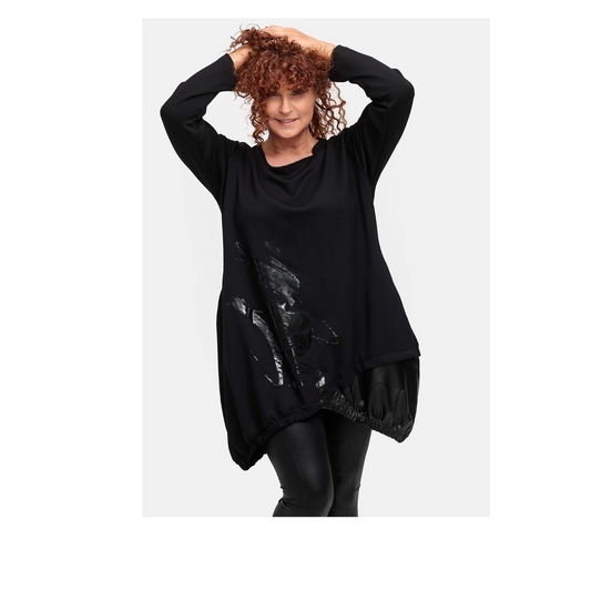 DYB Tunika Schwarz mit Kunstleder-Einsatz & Glanzprint – Asymmetrischer Saum, Plus Size 42 44 46 48 50 52 54 56