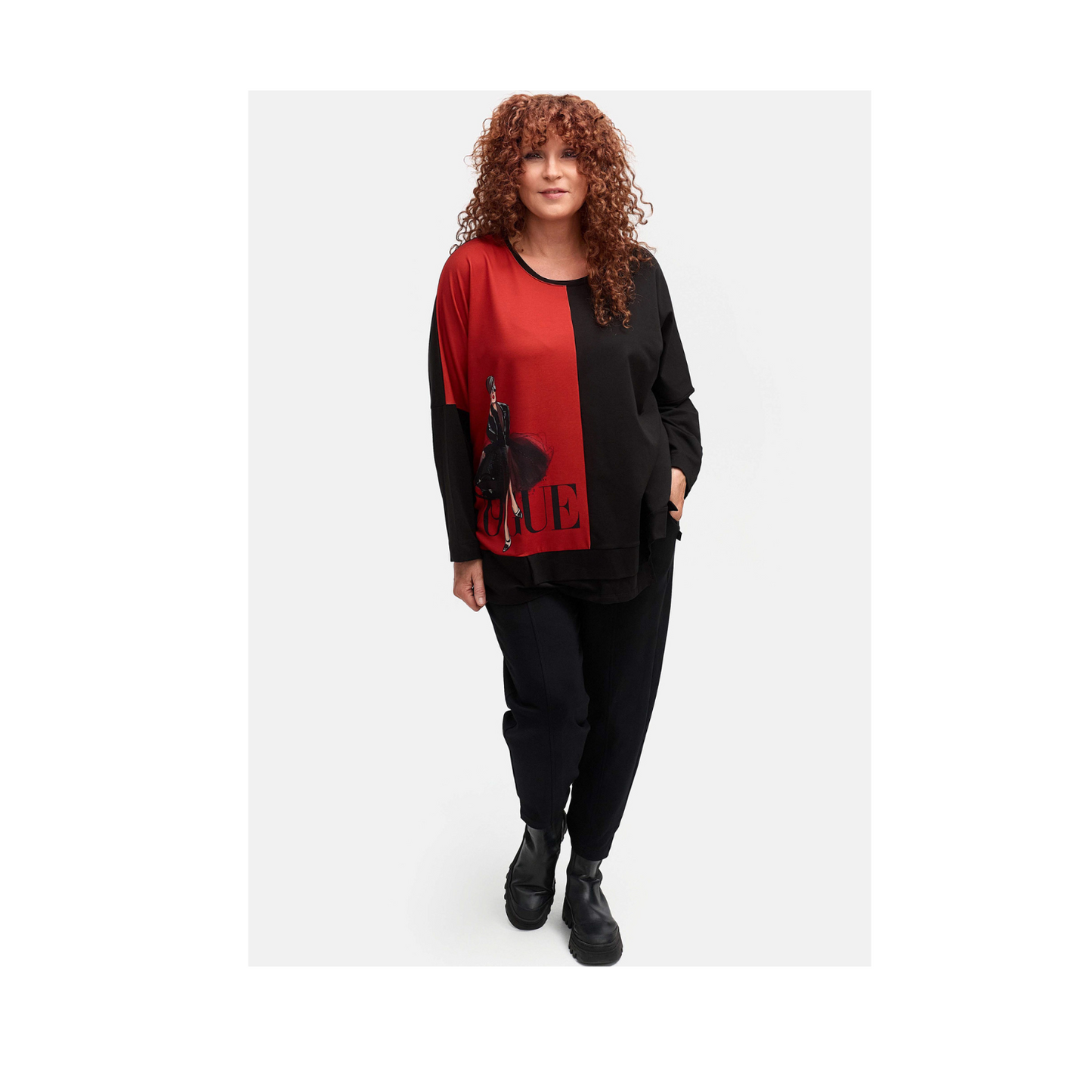 FRENZI Longshirt "VOGUE GIRL" in Red/Black – extravagant & oversized 44 46 48 50 52 54 56