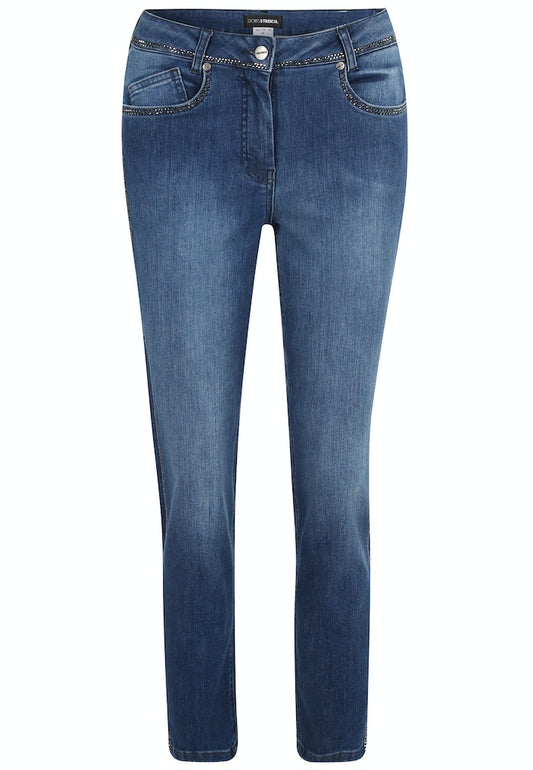 Doris Streich 5-Pocket Jeans Hose Blau mit Strass-Steinchen seitlich 48 50 52 54 56