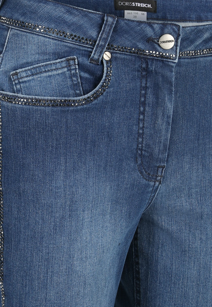 Doris Streich 5-Pocket Jeans Hose Blau mit Strass-Steinchen seitlich 48 50 52 54 56