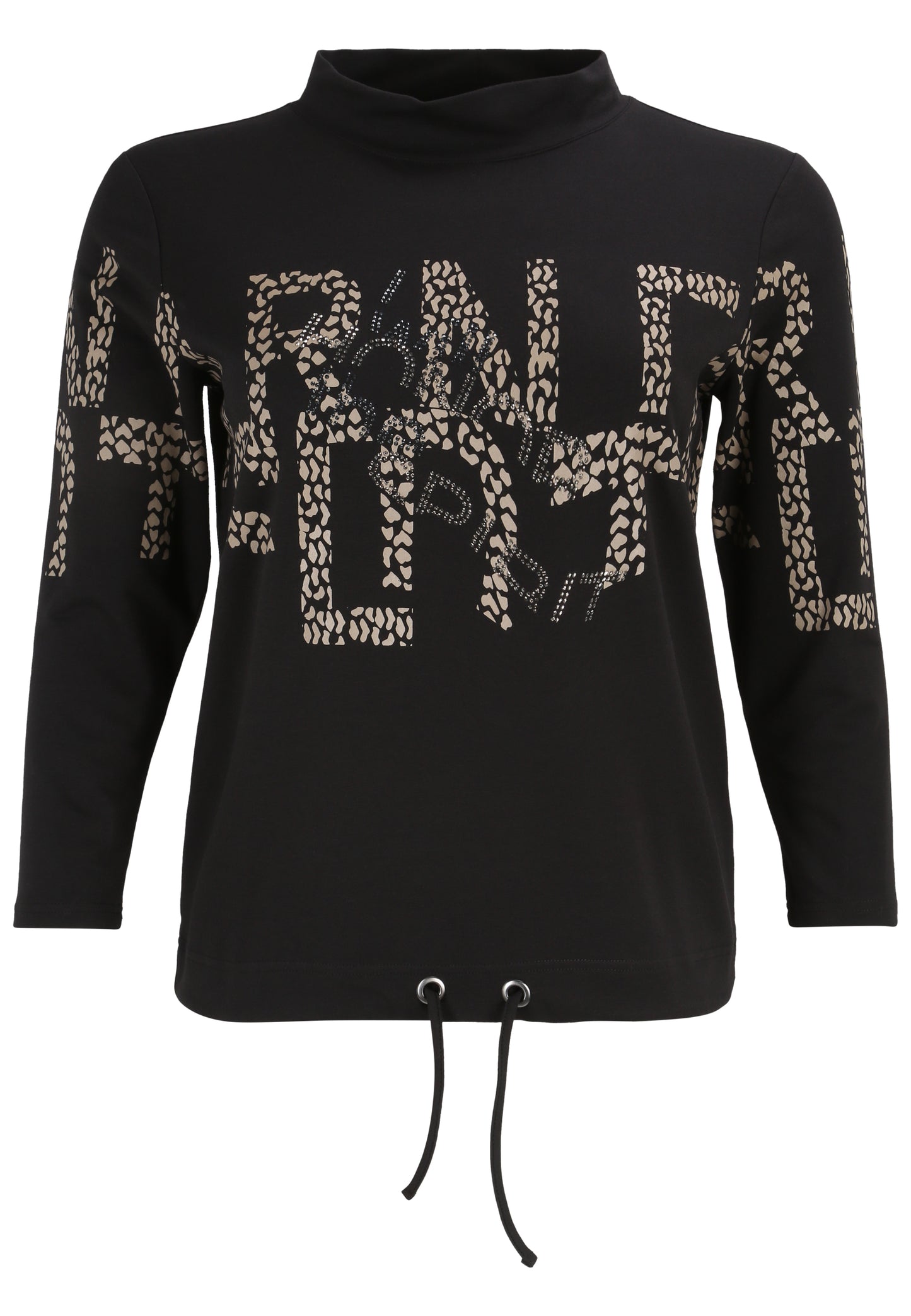 Doris Streich Sweatshirt mit Leo-Wording-Print und Glitzer-Details Langarm Schwarz Braun 46 48 50 52 54 56