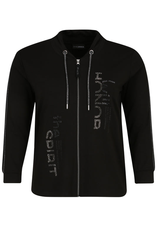 Doris Streich Sweatjacke mit großem Glitzersteinchen-Wording und Reißverschluss Schwarz 46 48