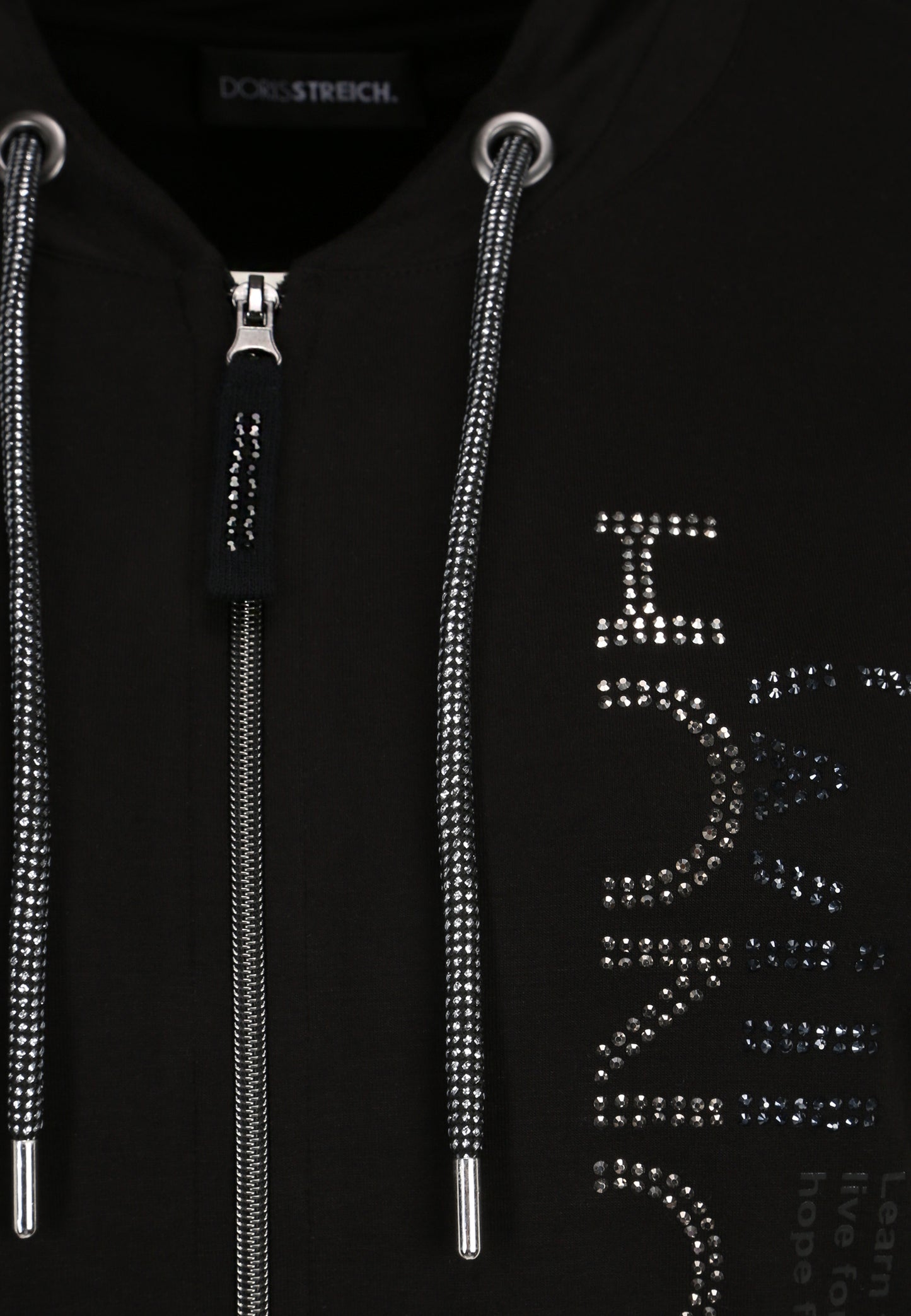 Doris Streich Sweatjacke mit großem Glitzersteinchen-Wording und Reißverschluss Schwarz 46 - 48
