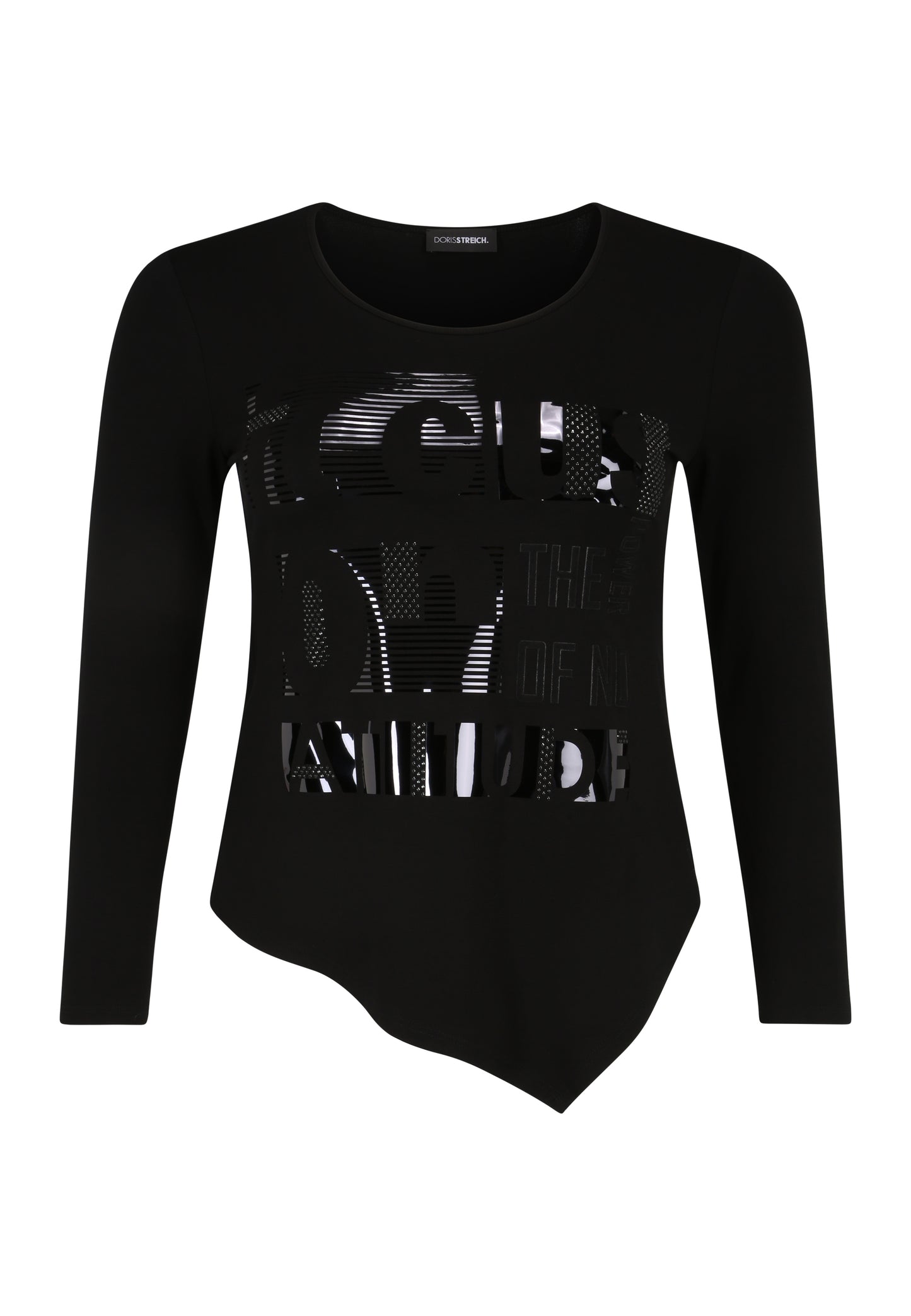 Doris Streich T-Shirt mit Glitzer-Steinchen, Wording und asymmetrischem Saum Schwarz langarm 46 48 50 52 54 56
