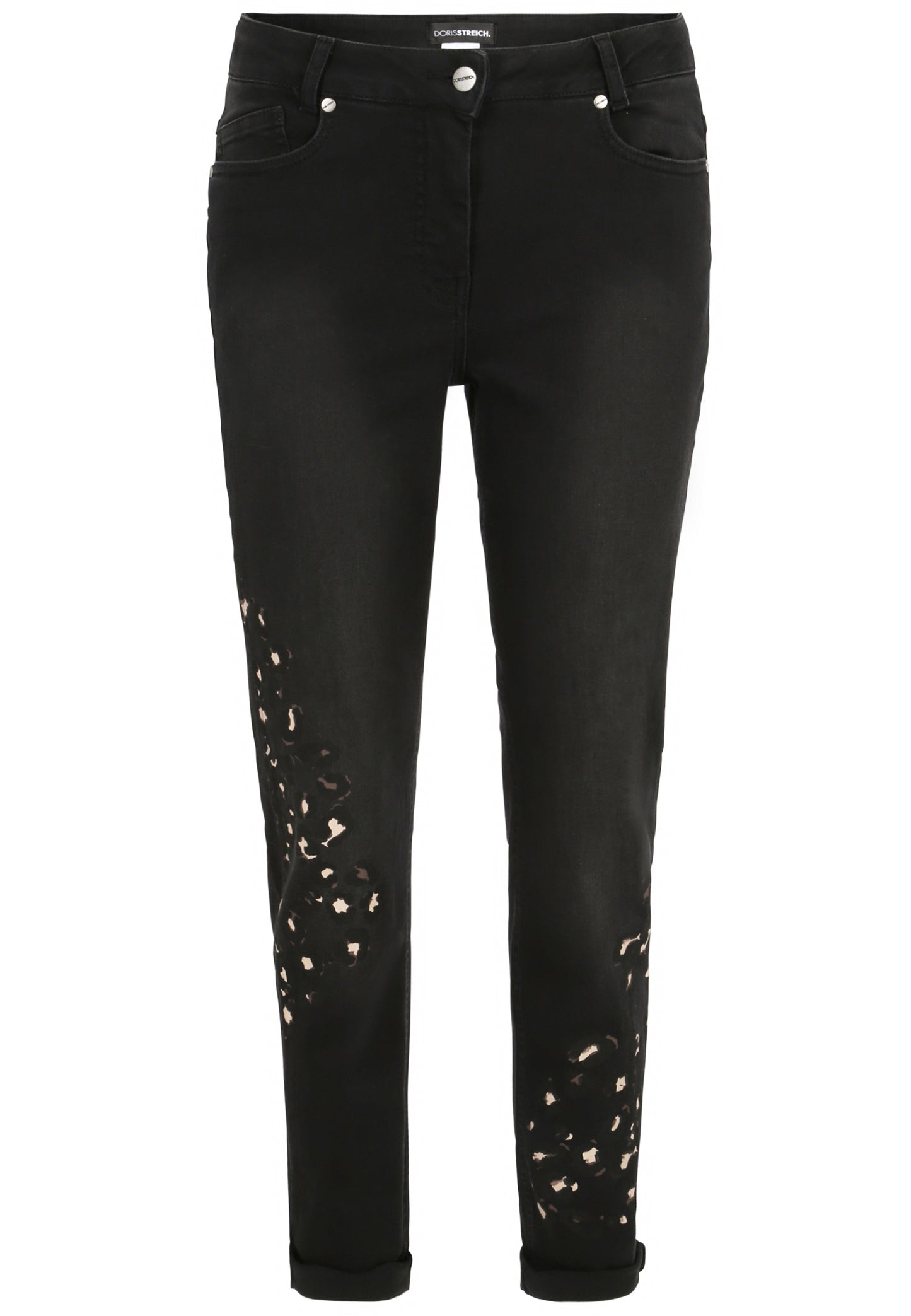 Doris Streich schwarze 5-pocket Jeans Hose mit Leo Motiv grau Gr 44 - 52