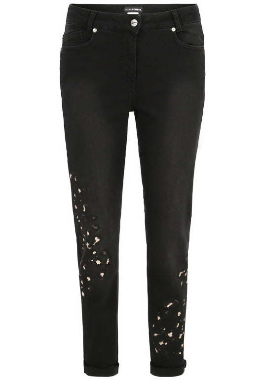 Doris Streich schwarze 5-pocket Jeans Hose mit Leo Motiv grau Gr 44 - 52