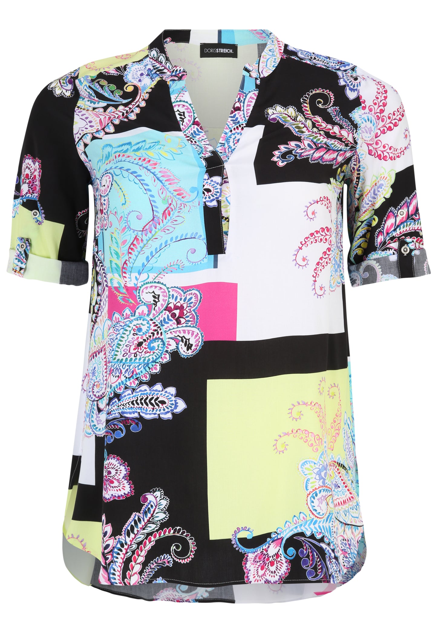Doris Streich Schlupfbluse aus Leinen mit Allover-Muster und verstellbaren Ärmeln Bunt 46 48 50 52 54 56
