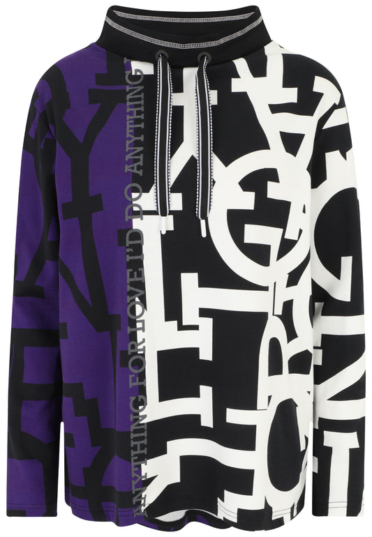 Doris Streich Sweatshirt Schwarz mit Grafik-Print in Lila und weiß 46 48 50 52 54 56