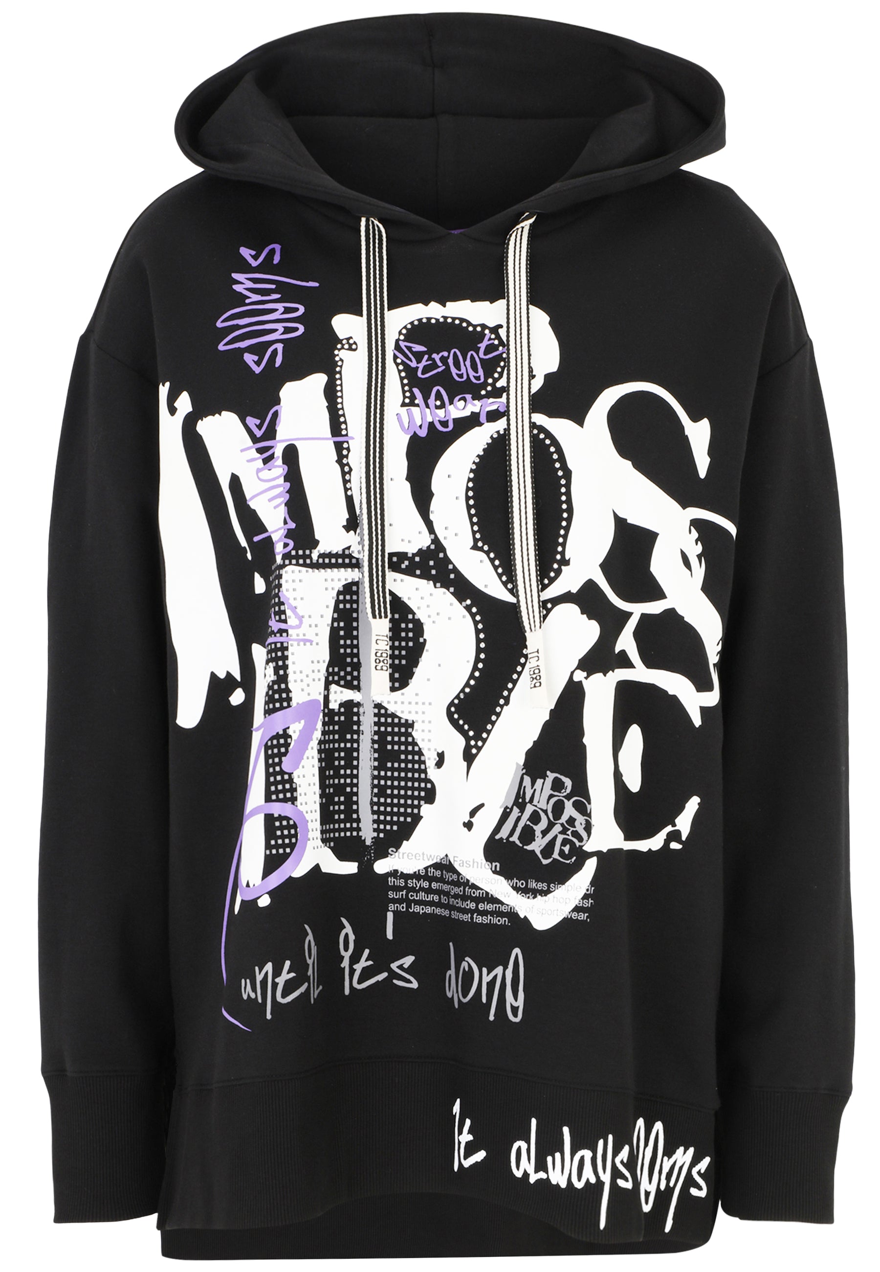 Doris Streich Sweatshirt mit Hoody schwarz Druck-Motiv in Weiß und Lila 44 46 48 50 52 54 56