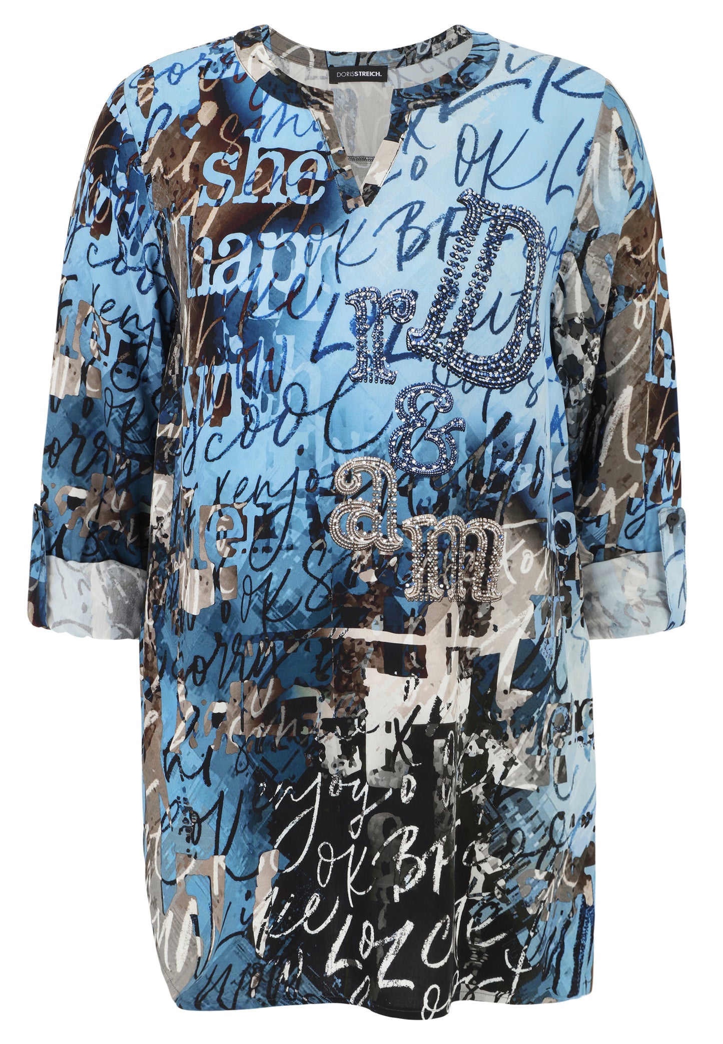 Doris Streich Bluse mit Motivdruck hellblau weiß schwarz bunt Straß 46 48 50 52 54 56