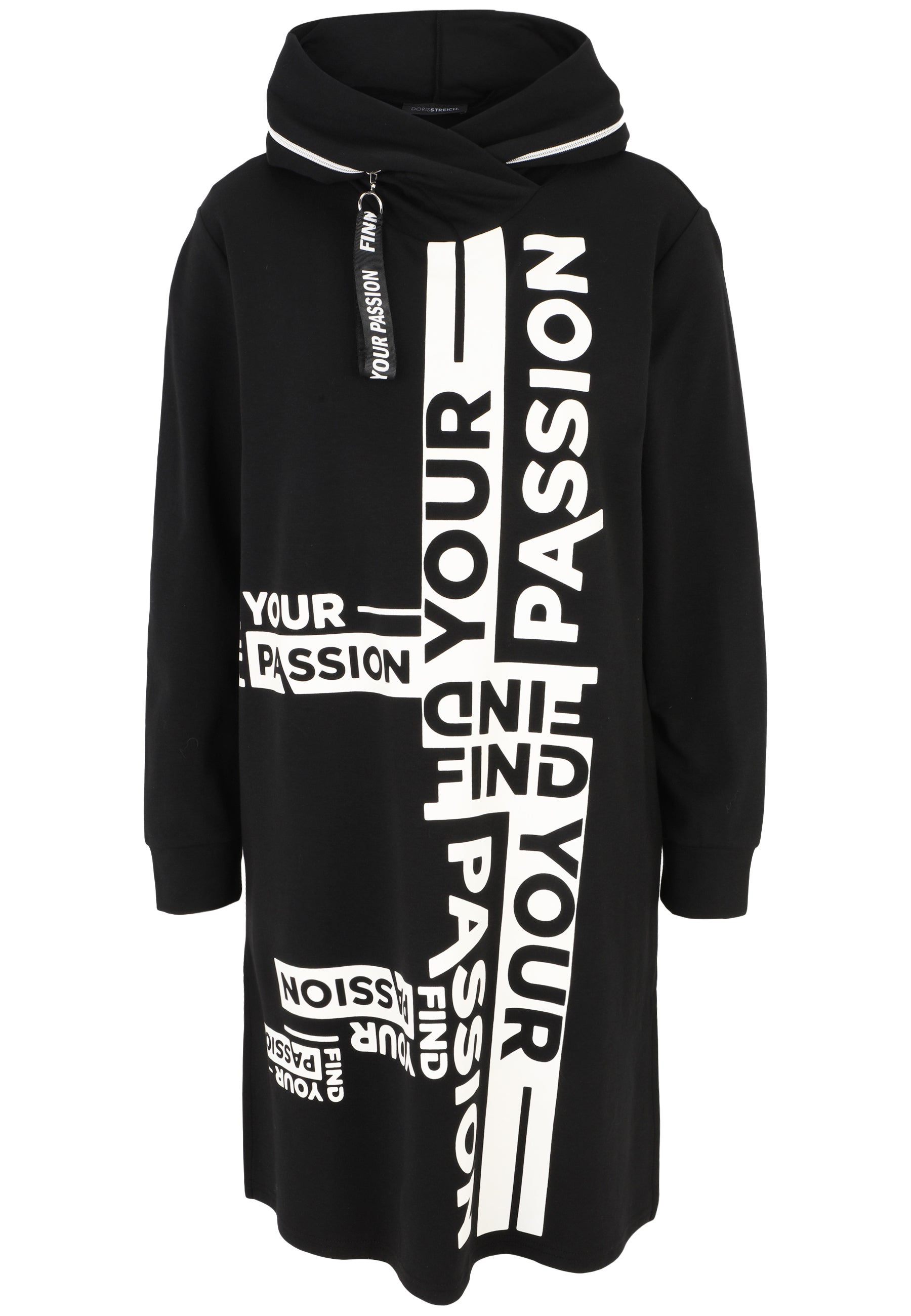 Doris Streich Long-Sweatshirt mit Hoody schwarz mit weißem Wording-Print 44 46 48 50 52 54 56