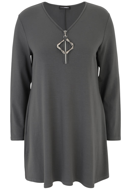 Doris Streich Long-Shirt Grau mit dekorativem Reißverschluss 44 46 48 50 52 54 56
