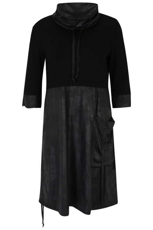 Doris Streich Kleid Long Tunika mit Raffung schwarz mit Kunstleder 44 46 48 50 52 54 56
