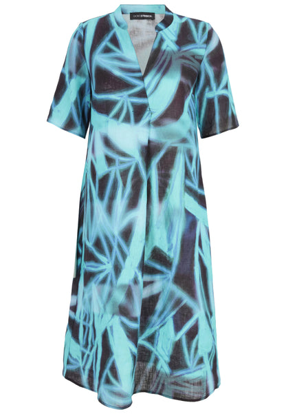 Doris Streich Kleid Leinen V-Ausschnitt grafisches Muster türkis schwarz 44 46 48 50 52 54 56