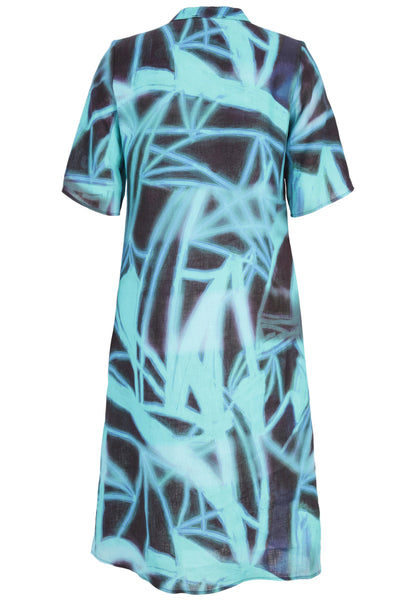 Doris Streich Kleid Leinen V-Ausschnitt grafisches Muster türkis schwarz 44 46 48 50 52 54 56