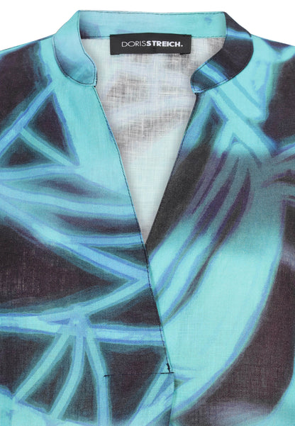 Doris Streich Kleid Leinen V-Ausschnitt grafisches Muster türkis schwarz 44 46 48 50 52 54 56