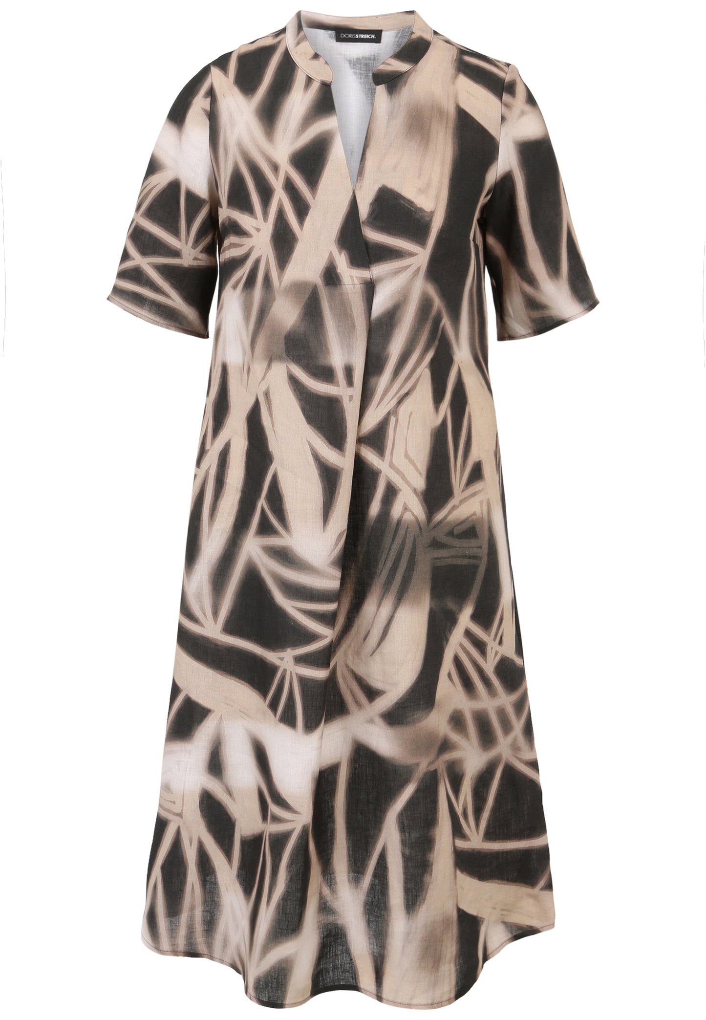 Doris Streich Kleid Leinen V-Ausschnitt grafisches Muster taupe schwarz 44 46 48 50 52 54 56