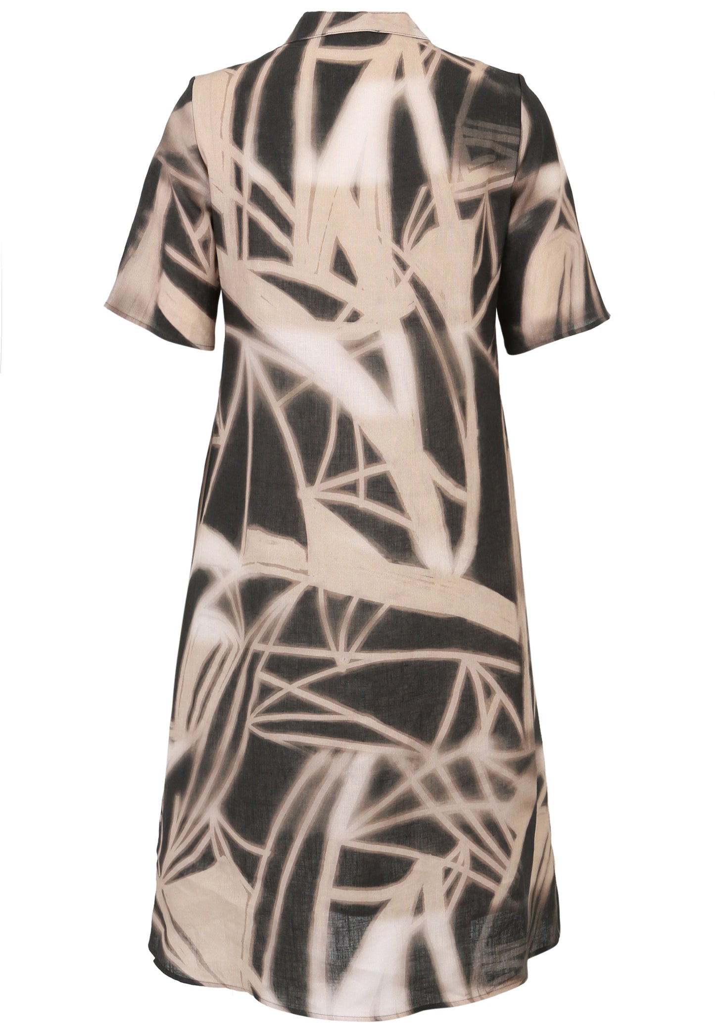 Doris Streich Kleid Leinen V-Ausschnitt grafisches Muster taupe schwarz 44 46 48 50 52 54 56