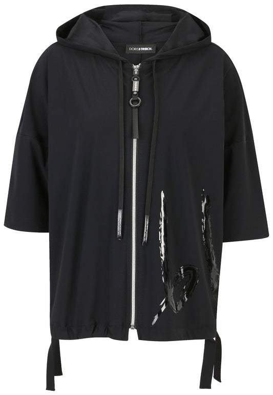 Doris Streich Jacke atmungsaktiv schwarz mit Applikation Kapuze Gr 44 46 48 52 54 56