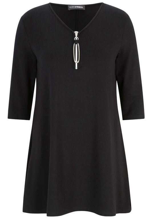 Doris Streich Long-Shirt schwarz & marine mit dekorativem Anhänger am Zipper 44 46 48 50 52 54 56