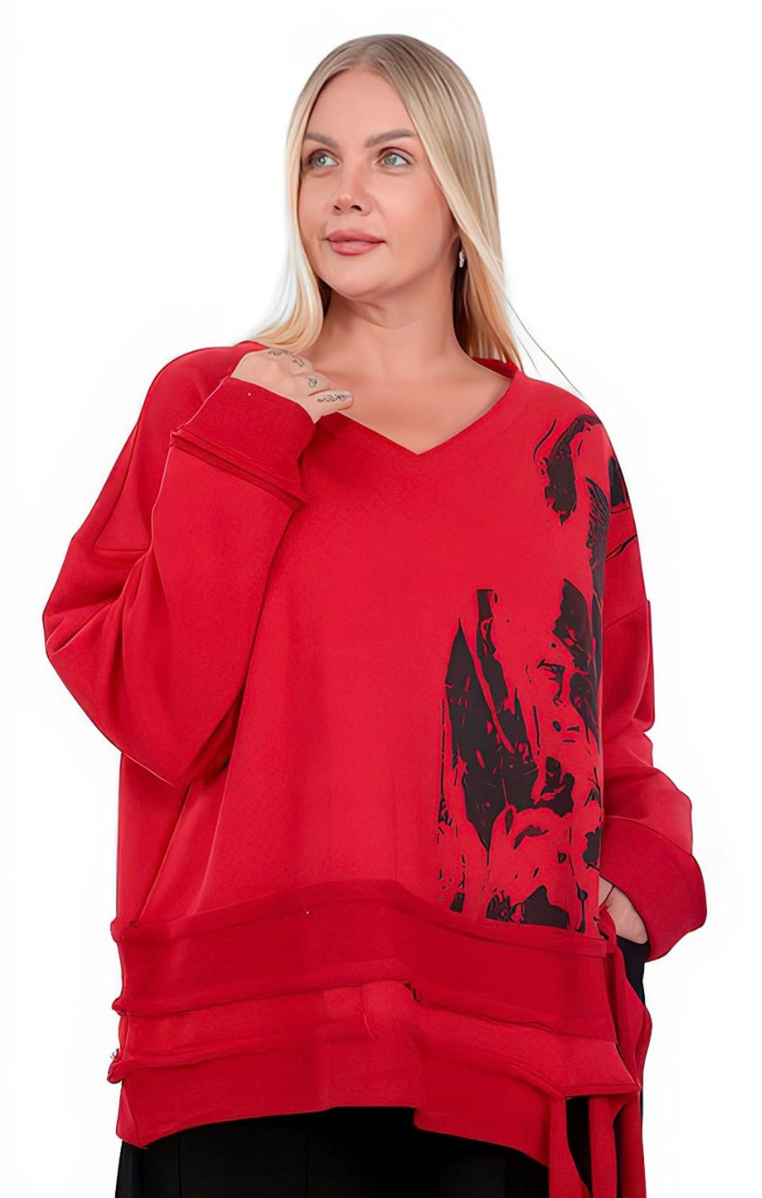 Divas Planet Frasnsenshirt Rot mit Print V-Ausschnitt Gr. 1 2 3