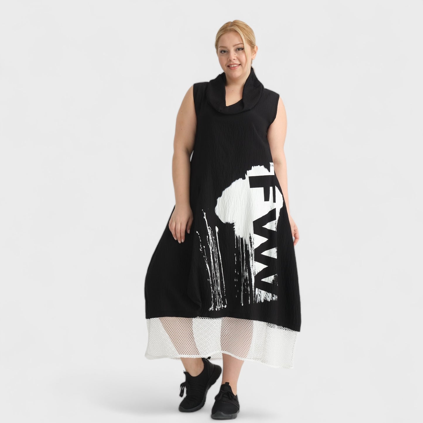 Zedd Plus Kleid Schwarz und Weiß gemustert Netz am Saum 42 44 46 48 50 52 54 56 58 60 62