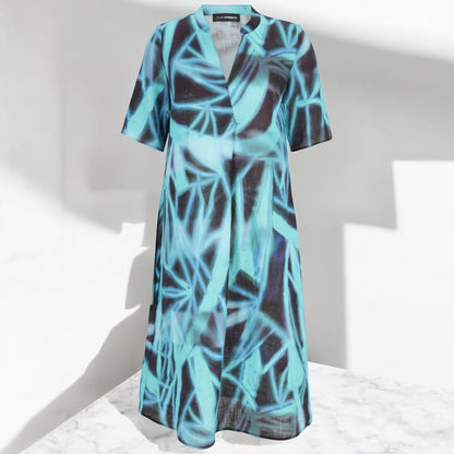 Doris Streich Kleid Leinen V-Ausschnitt grafisches Muster türkis schwarz 44 46 48 50 52 54 56