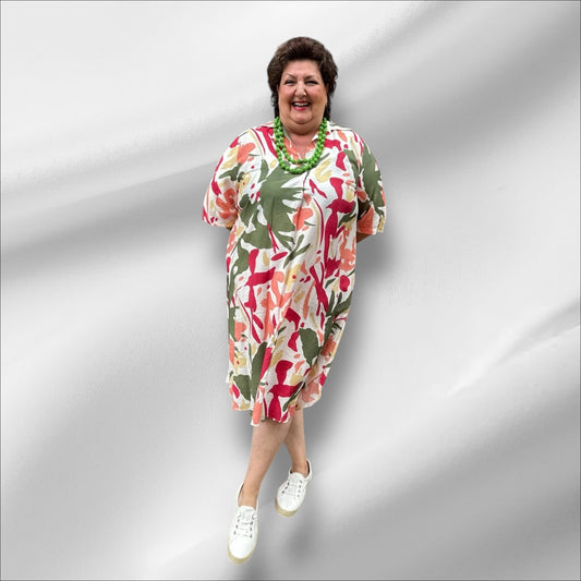 SINNE Blusenkleid – Farbenpracht in Khaki & Koralle  40 42 44 46 48 50