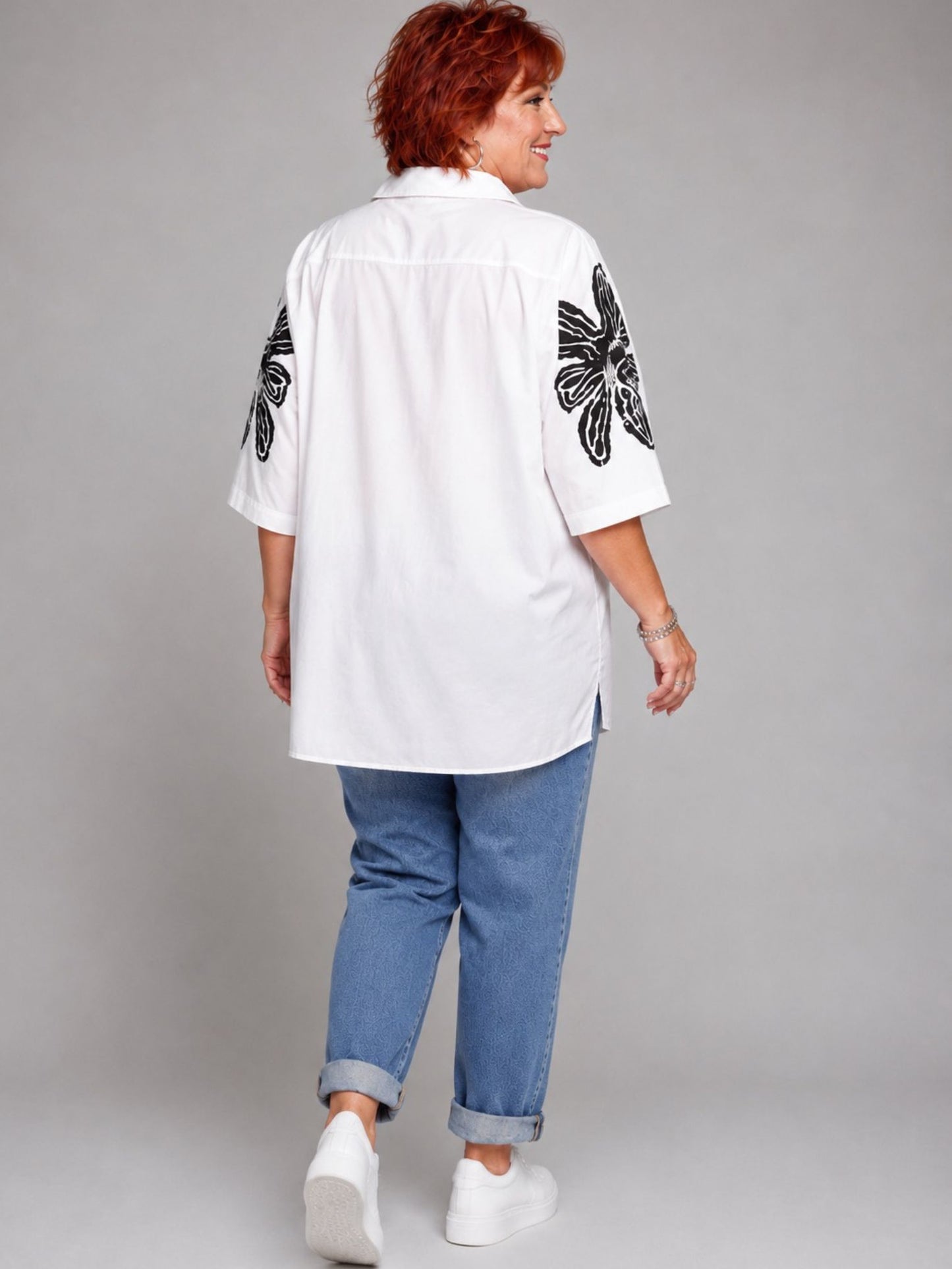 Flamar Nicky Hemdbluse Leinen Blütendruck Oversize – Weiß Gr. 44–50