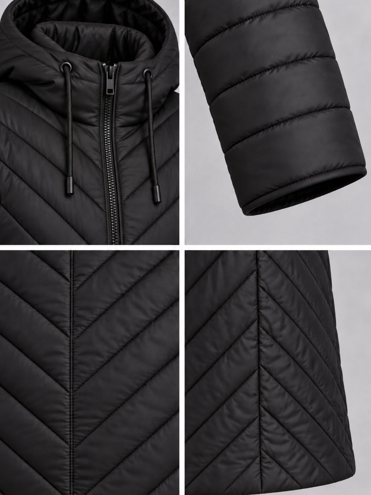 Stehkragen mit Kapuzenkordel, gesteppter Ärmel und schräge Steppnähte der schwarzen Steppjacke, Detailansicht