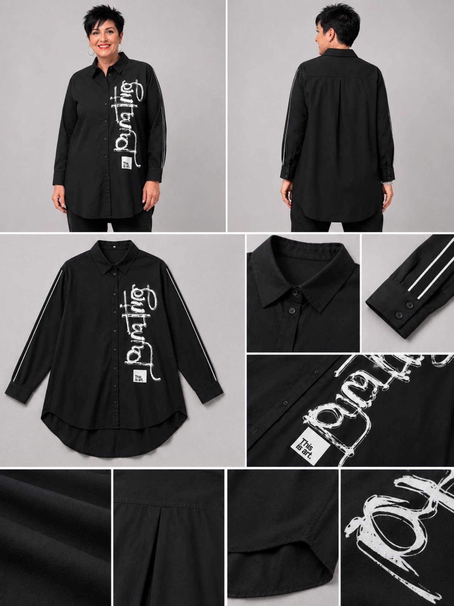 Doris Streich Longbluse Baumwolle mit Pinseldruck – Schwarz Gr. 44–54