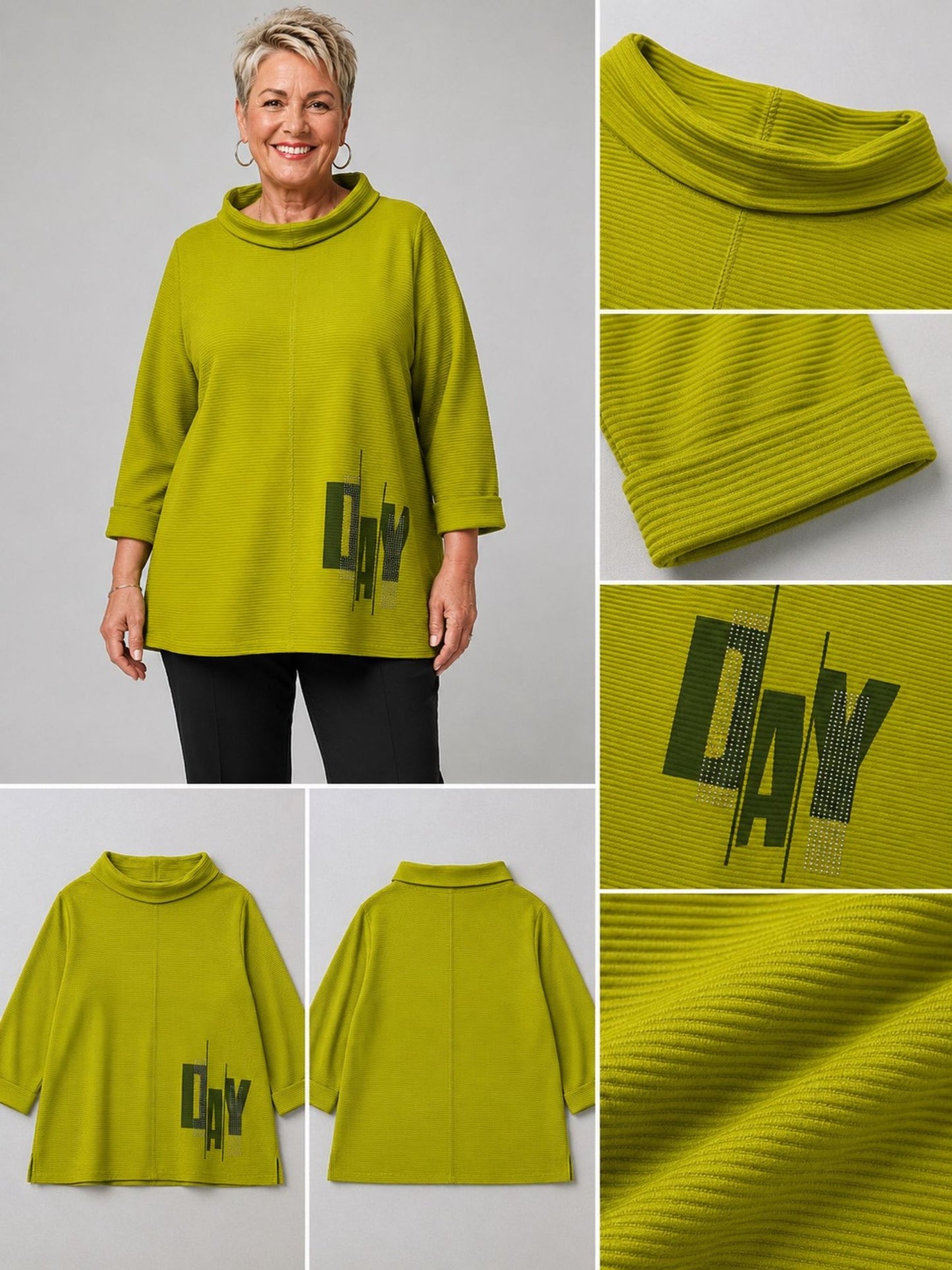 Doris Streich Pullover Rippstruktur mit Straß-Druck – Kiwigrün Gr. 44–56