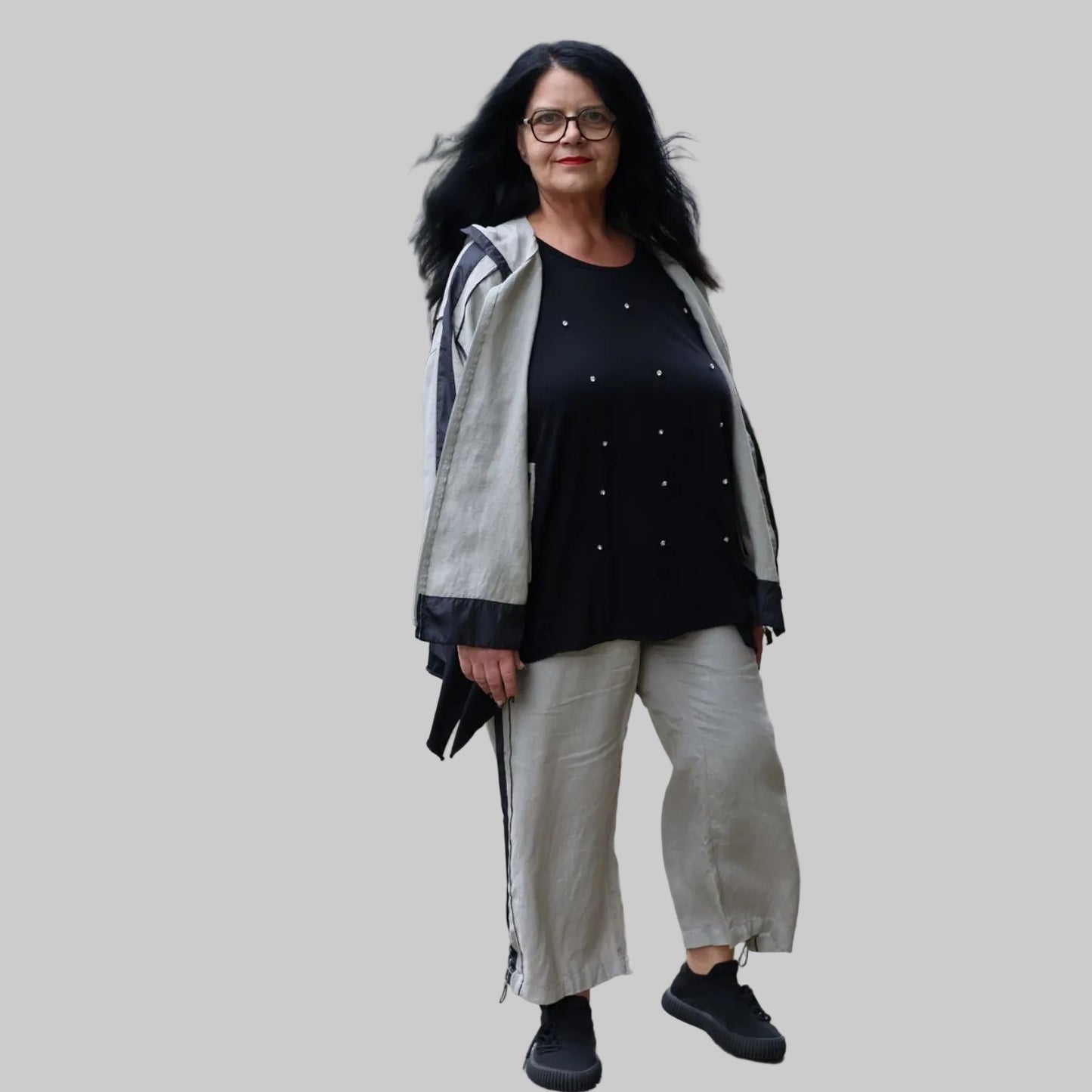 Doris Streich Leinenhose Hellkhaki-Schwarz mit Bindeband