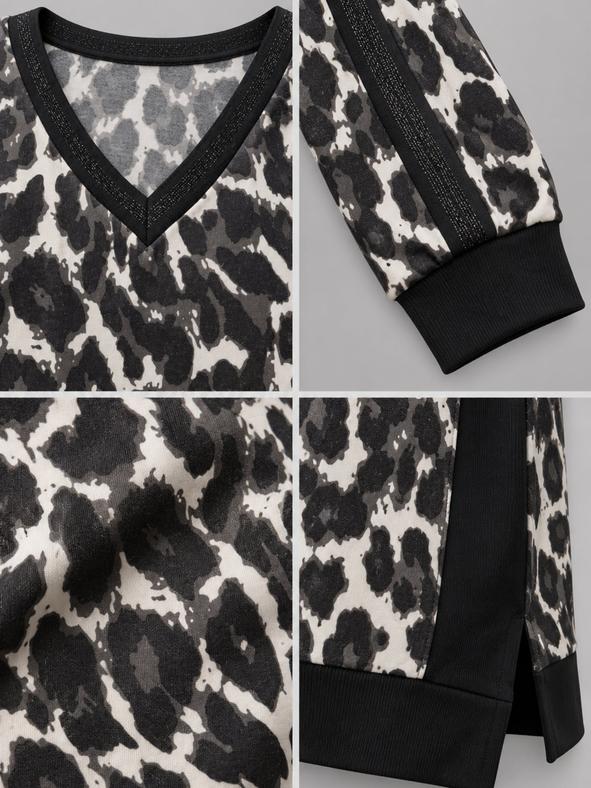 Doris Streich Sweatshirt Leo-Muster mit NYC-Rückendruck und schwarzen Seiteneinsätzen – Grau/Schwarz Gr. 44–56