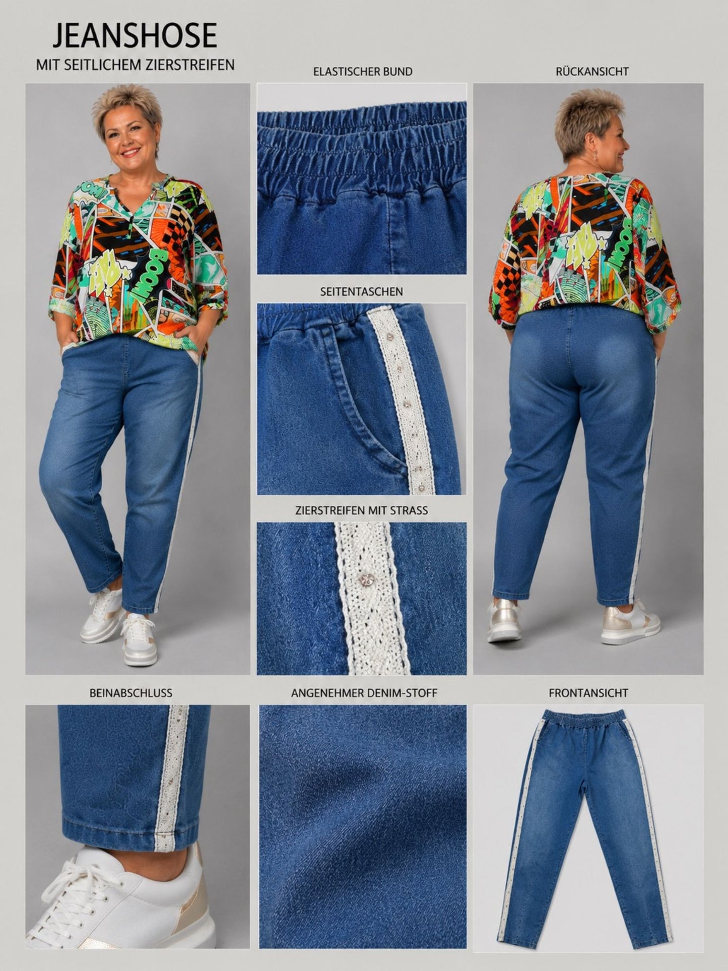 Frenzi Jeans mit Zierstreifen und Straß – Blau Einheitsgröße 44–52