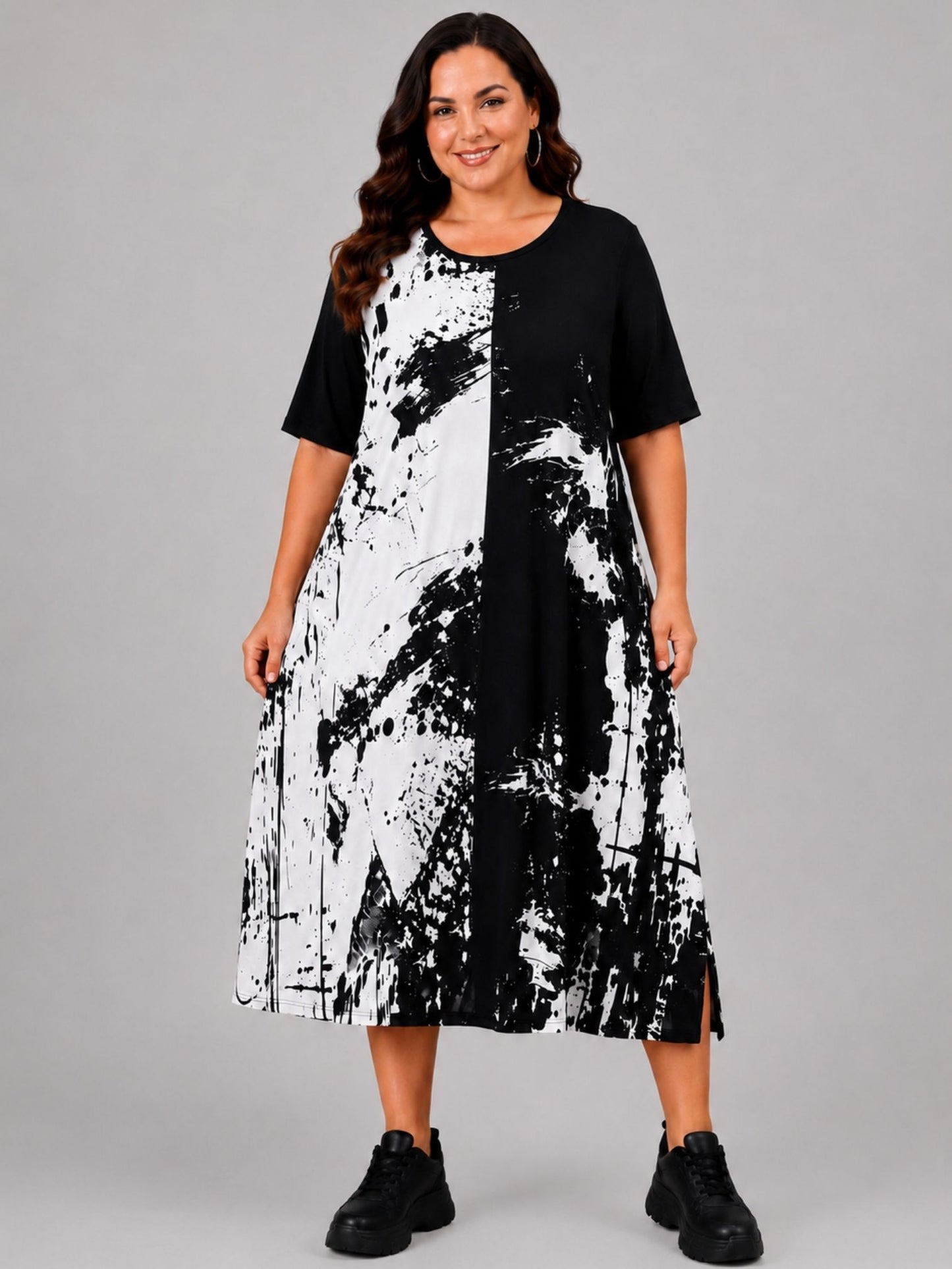 Frenzi Kleid Graffiti-Print Pink, Grün & Weiß – Exklusiv mit Schlitzen, Einheitsgröße 44–58