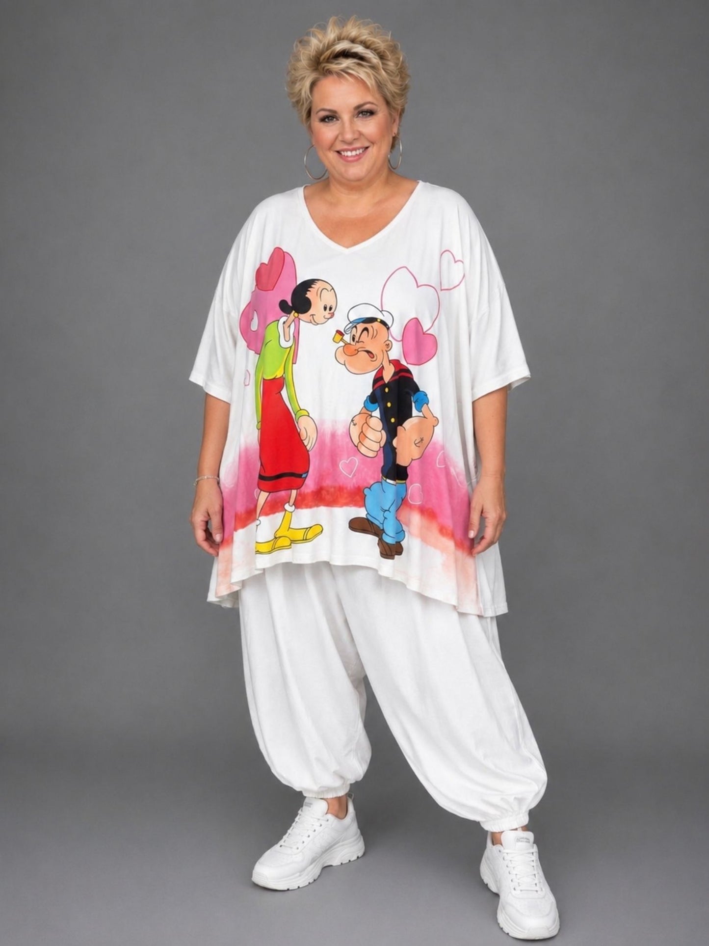 Frenzi A-Linien Shirt Comic-Liebespaar-Print Weiß – Einheitsgröße-Oversize